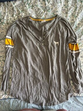 Women's Long-Sleeve Henley Top with Contrast Sleeve Stripes